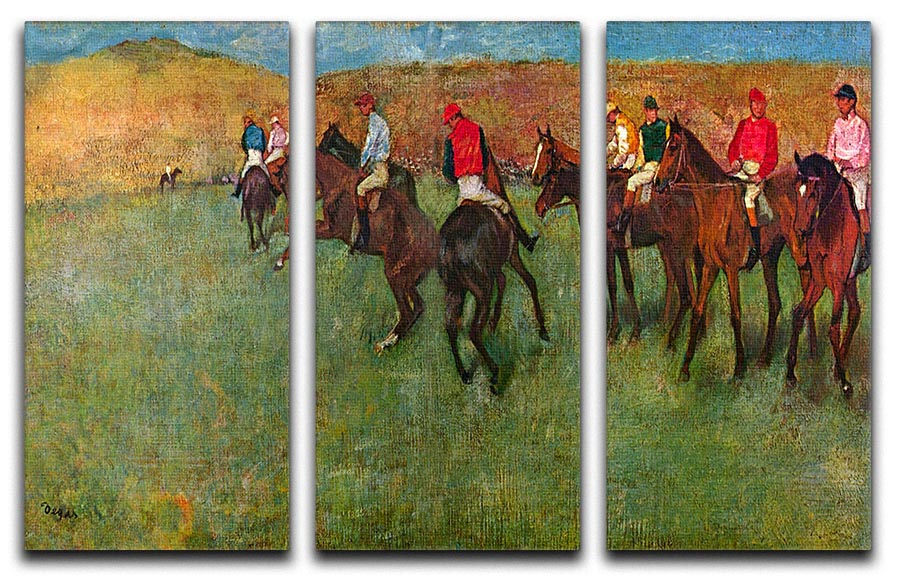 Three-panel canvas print of Degas's Horse Race Before the Start, showcasing vibrant colors and dynamic movement.